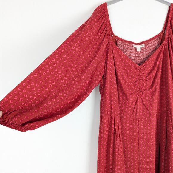 Knox Rose Red Patterned 3/4 Puff Sleeve V-Neck Smocked Cropped Jumpsuit Size XL - Picture 4 of 12